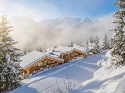 Snowy ski chalets in the Alps