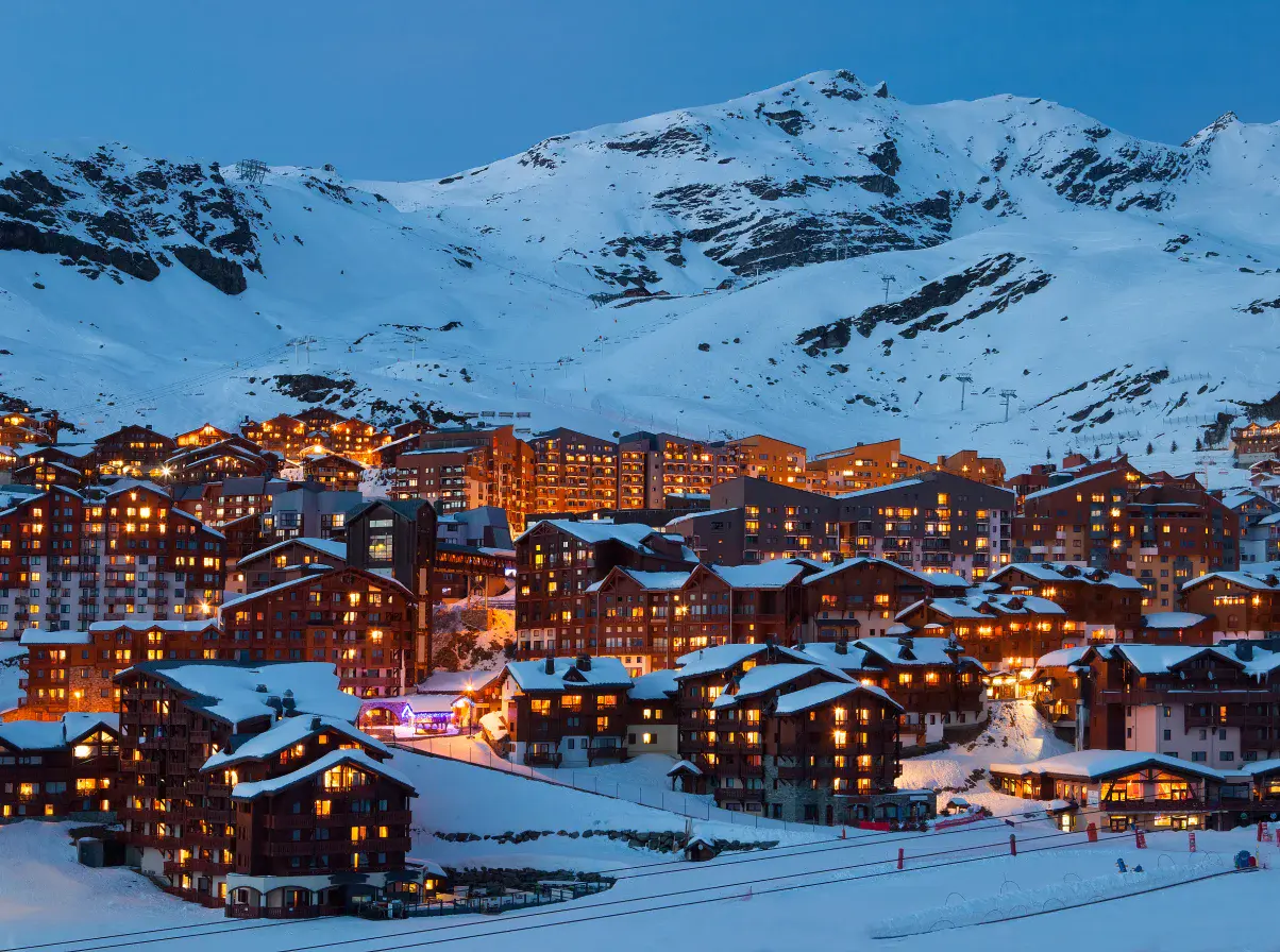 A ski resort lit up at night